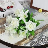 玫瑰百合花假花仿真花套装客厅餐桌摆件装饰品塑料花卧室摆件婚庆 玫瑰百合花白色单束(不带花瓶)