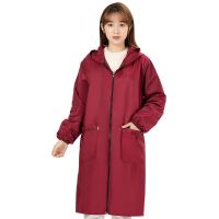 春季女士加长防水罩衣成人围衣外护衣家用厨房防油长袖围裙工作服 8603双向拉链--长款枣红色 XL