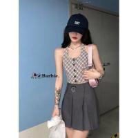 芭比姨灰色百褶裙女夏季小个子辣妹短裙格子学院风套装a字半身裙 格子马甲()三件套在店铺新连接 S