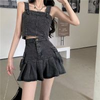 夏季牛仔套装女2021新款时尚气质辣妹两件套吊带背心+百褶半身裙 黑灰色吊带 S 建议80-95斤