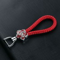 山茶花KT猫编织绳汽车钥匙扣女镶钻车钥匙挂绳宝马帝豪GS远景奔驰 山茶花红色