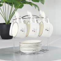 陶瓷小号咖啡杯碟套装家用杯碟含勺含架子北欧小水杯下午茶杯具 简约小天鹅 6杯碟勺+1杯架[送2备用勺]