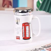 欧式建筑风格陶瓷马克杯镜面带盖大容量底部硅胶防滑家用办公水杯 束腰电话亭(送杯刷)