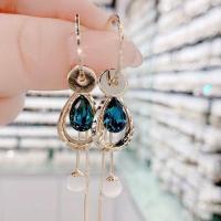新款耳环2021年长款百搭时尚气质玫瑰流苏挂钩耳坠圆脸显瘦耳饰女 水滴蓝色水晶流苏耳环银针