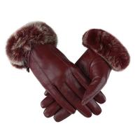 头层羊皮女士手套优雅獭兔毛真皮手套加绒加厚保暖冬季骑行手套女 紫红色 M码(掌围16.5-17.5cm)