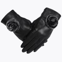 真皮手套女士绵羊皮冬季加绒加厚保暖开车可爱兔毛球骑车皮手套 黑色加厚(绒里) 均码
