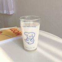 ins少女心玻璃水杯带盖清新简约家用喝水杯子学生日常森系吸管杯 蓝色小熊单杯(无任何配件)