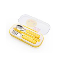 304不锈钢勺子叉子儿童餐具套装韩式可爱三件套卡通宝宝筷子防滑 黄色