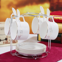 简约创意欧式陶瓷咖啡杯家用陶瓷咖啡套装花茶下午茶杯4杯4碟4勺 金色英文4杯碟配架子勺子