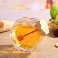 六棱玻璃蜂蜜瓶 高档一斤 半斤 竹木盖蜂巢玻璃瓶带搅拌棒 380木盖