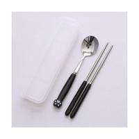 不锈钢卡通创意猫爪筷子勺子陶瓷手柄叉勺筷子套装学生便携式餐具 黑猫爪筷勺2件套带黑盒