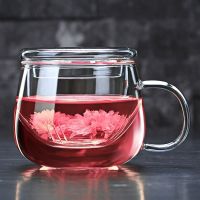 加厚耐热玻璃泡花茶杯男女带盖过滤三件套杯办公杯圆趣杯透明杯 300ml圆趣