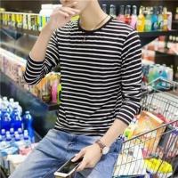 春夏季黑白条纹男士长袖T恤男装超薄款打底衫秋衣服 小条黑长T[1件装] M [80-95斤]