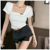 春夏小众法式方领刺绣短袖T恤女百搭修身短款露脐打底衫紧身上衣t 929 白色[现发] XL 120-130斤