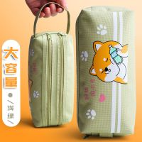 小清新可爱笔袋大拉链简约男女生文具袋大容量韩国创意帆布铅笔盒 帆布-绿色小柴犬