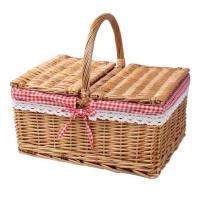 藤编收纳筐收纳篮带盖野餐篮子购物篮柳编水果篮手提买菜篮田园[7月31日发完] 原木色筐+麻布里衬 无盖 方形提篮小号