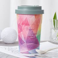 [非一次性]水杯咖啡杯带盖男女学生韩版ins可爱卡通杯子吸管杯 七彩咖啡杯400毫升灰色盖子