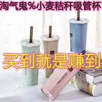 小麦秸秆双盖带吸管水杯随手杯塑料杯子女学生韩版便携创意吸管杯 淘气鬼%[粉色]//*
