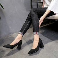 33-43码[跟高3厘米 5厘米 7厘米]小码尖头粗跟高跟鞋特大码女鞋 黑色[5厘米] 35