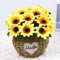 向日葵仿真花草编盆栽塑料花艺客厅装饰花餐桌茶几摆设插花艺摆件 黄色 7头向日葵+草编盆