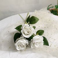 仿真玫瑰花珍珠绒布玫瑰花束干花假花家居装饰花客厅餐厅婚庆摆件 奶白色 3枝