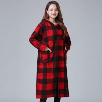秋冬加长款剪毛绒罩衣成人长袖加绒加厚护衣外穿工作服厨房围裙女 (加长弹力款)红色格子 XL(推荐体重90-120斤)