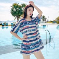 游泳衣女性感分体式三件套罩衫小香风遮肚显瘦保守大码温泉泳装备 英伦条纹三件套(泳衣+泳裤+罩衫) M(建议体重85-10