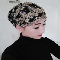 2019春夏新款穆斯林纱巾帽子回族头巾女士帽子盖头绣花钉珠包头帽 黑色 羽毛绣花帽 均码