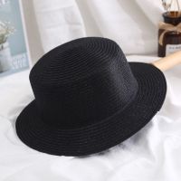 韩版草帽女夏天英伦复古平顶小蝴蝶礼帽遮阳防晒沙滩帽子出游潮夏[7月25日发完] 黑色-不带蝴蝶结草帽 均码 56-58c