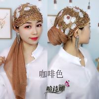[新款促销]穆斯林夏季纱巾帽子回族盖头女包头防尘遮白发轻薄透气 新款绑巾帽咖啡色