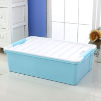 超大号床底收纳箱塑料滑轮有盖床下装衣服被子整理箱玩具储物箱 蓝色 中号无滑轮40*30*18cm