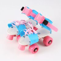 儿童大小码可调轮滑鞋儿童款双排轮滑鞋初级溜冰鞋简易四轮旱冰鞋 粉蓝撞色 小码（适合18-32鞋码）