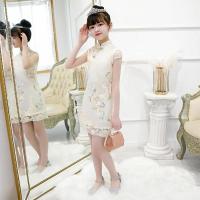 女童汉服连衣裙春夏秋新款儿童旗袍洋气长袖公主裙小女孩蓬蓬纱裙 香槟色短袖 90
