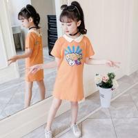 童装女童夏季新款2021中大童女孩公主裙拼接中长款假两件连衣裙 桔红色 两面穿T恤连衣裙 110