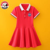 史努比女童短袖连衣裙2021新款中大童夏装洋气儿童POLO领A字裙潮 红色 120