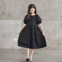 女童夏装裙子2021新款韩版洋气公主裙女大童过膝长裙泡泡袖连衣裙 黑色 140cm