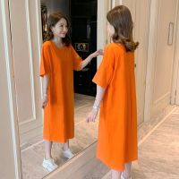 宽松大码睡衣女夏季气质家居连衣睡裙过膝长款长裙韩版pphome睡裙 桔色(短袖)[纯色款] 无字母 S 建议90-100