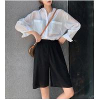 冰丝阔腿大码短裤女夏五分裤宽松2020年新款高腰直筒垂感休闲中裤 黑色无系带 S 70-90斤