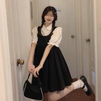 夏季2021新款韩版法式复古泡泡袖短袖上衣+显瘦背心A字裙两件套女 单打底上衣 S