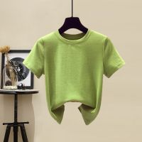 大码女装夏季套装女2021新款短袖t恤遮肚显瘦百搭牛仔短裤两件套[15天内发货] 1093#牛油绿t恤 [单件] 4XL