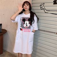 米奇中长款宽松睡裙女夏季韩版宽松大码胖mm短袖睡衣家居服可外穿 白色 M