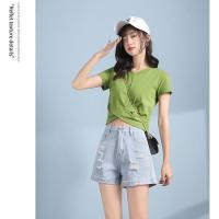 破洞牛仔短裤女夏天韩版宽松薄款大码显瘦ins学生高腰直筒女裤子 浅蓝色 XS 71-83