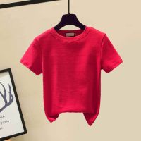 大码女装夏季套装女2021新款短袖t恤遮肚显瘦破洞牛仔短裤两件套[15天内发货] 1093#红色t恤 [单件] 4XL