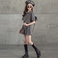 中大女童个性套装2021新款时尚潮流重工工装短袖两件套洋气亲子夏 铁灰色套装 品牌正品 120