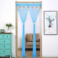 免打孔门帘夏季防蚊蕾丝纱帘家用装饰布艺门窗帘客厅卧室隔断帘子 [双开单纱]蓝宝石(绑花) 80 * 180(赠魔术贴