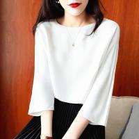 [杭州]醋酸缎面衬衫女圆领t恤气质七分袖2021新款宽松夏 白色 S 90-100