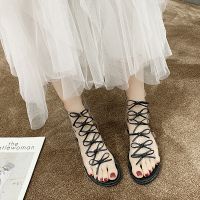 学生平底高帮凉鞋女2021夏季新款蝴蝶结透明交叉绑带仙女风凉鞋 黑色 40