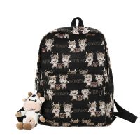 书包女ins日系小熊初高中学生双肩包韩版时尚百搭学院风帆布背包 [黑色小牛]防泼水 升级加厚耐磨面料 单包[无挂件] 收