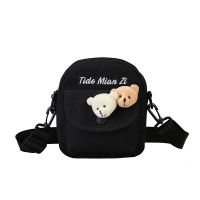 日系原宿可爱软妹古着感少女斜挎包韩国ins简约复古学生帆布小包 黑色+(单包)无小熊头挂件