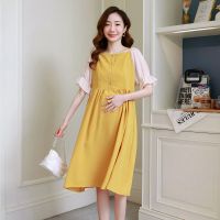 孕妇装夏装雪纺连衣裙外出时尚宽松新款洋气夏季夏天裙子中长款潮 黄色连衣裙 M[90-115斤]